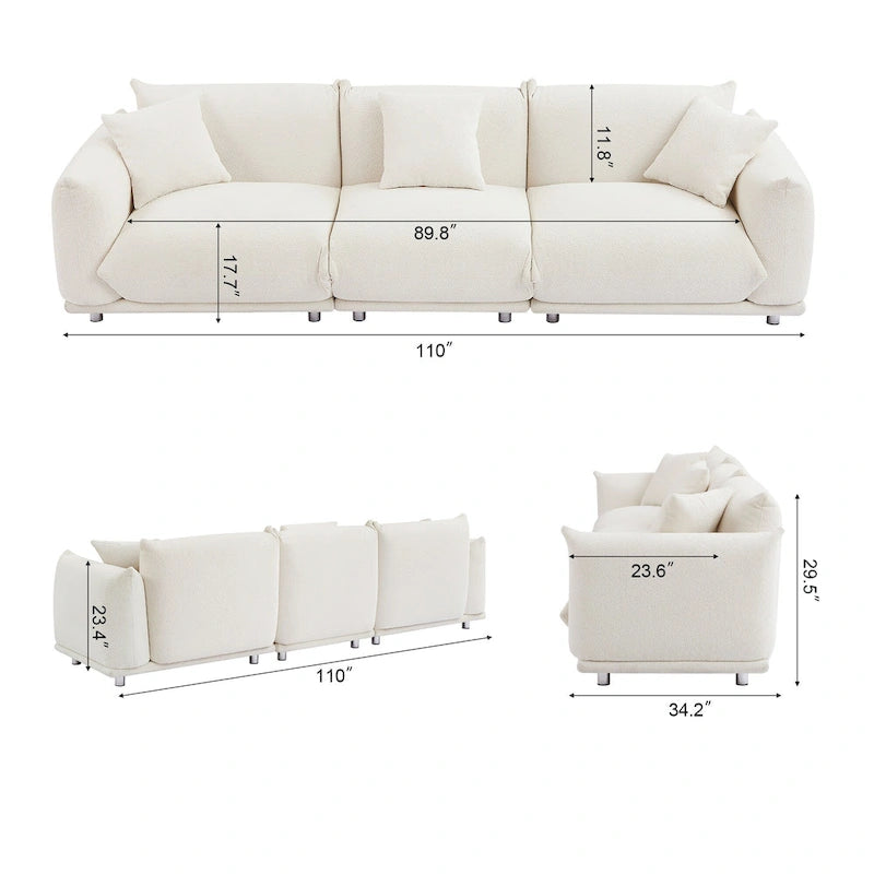 Oversized 3-Seater Sherpa Sofa with Solid Wood Frame and Metal Legs, 4 Colors