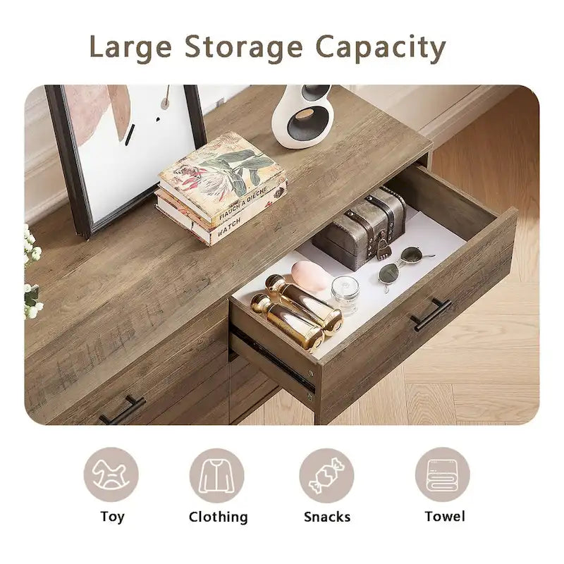 47-Inch 4-Drawer Horizontal Dresser with X-Frame Metal Legs, Walnut Brown