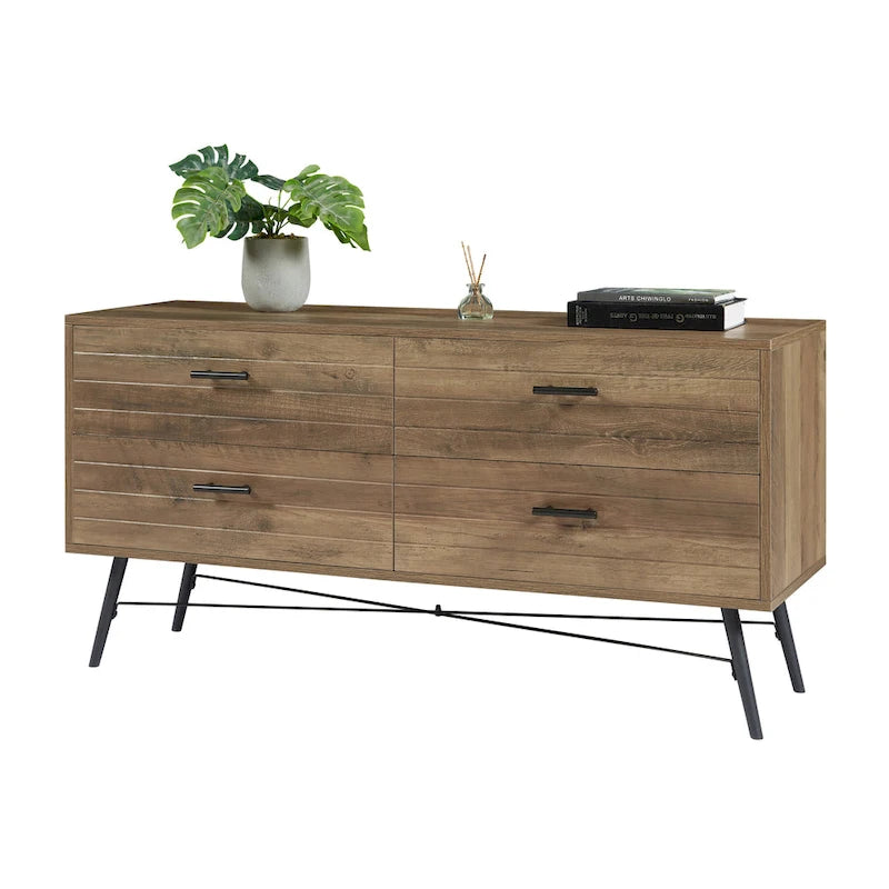 47-Inch 4-Drawer Horizontal Dresser with X-Frame Metal Legs, Walnut Brown