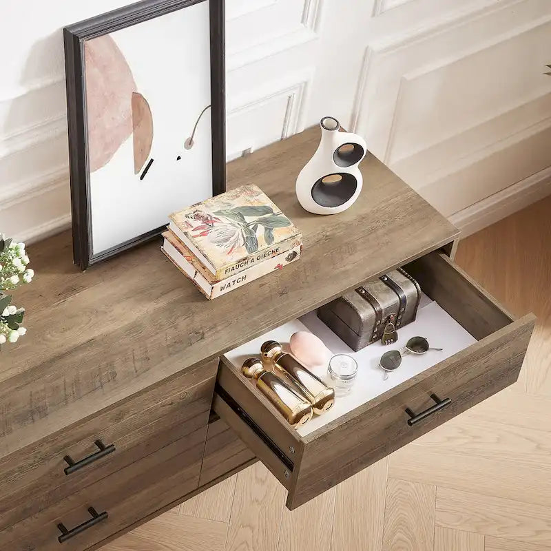 47-Inch 4-Drawer Horizontal Dresser with X-Frame Metal Legs, Walnut Brown
