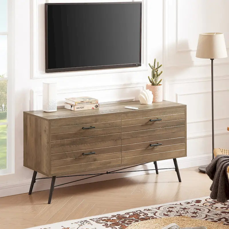 47-Inch 4-Drawer Horizontal Dresser with X-Frame Metal Legs, Walnut Brown