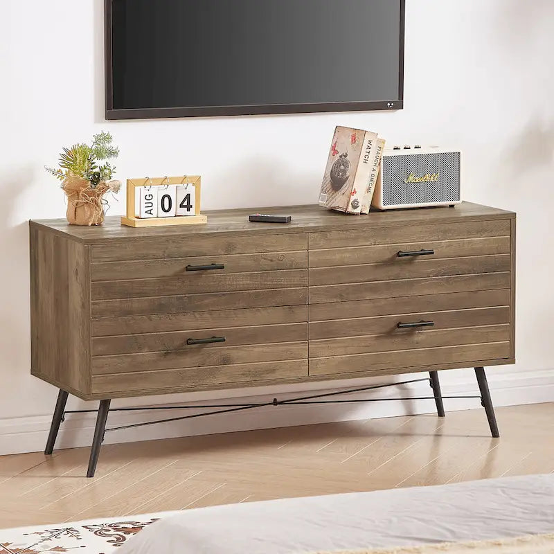 47-Inch 4-Drawer Horizontal Dresser with X-Frame Metal Legs, Walnut Brown