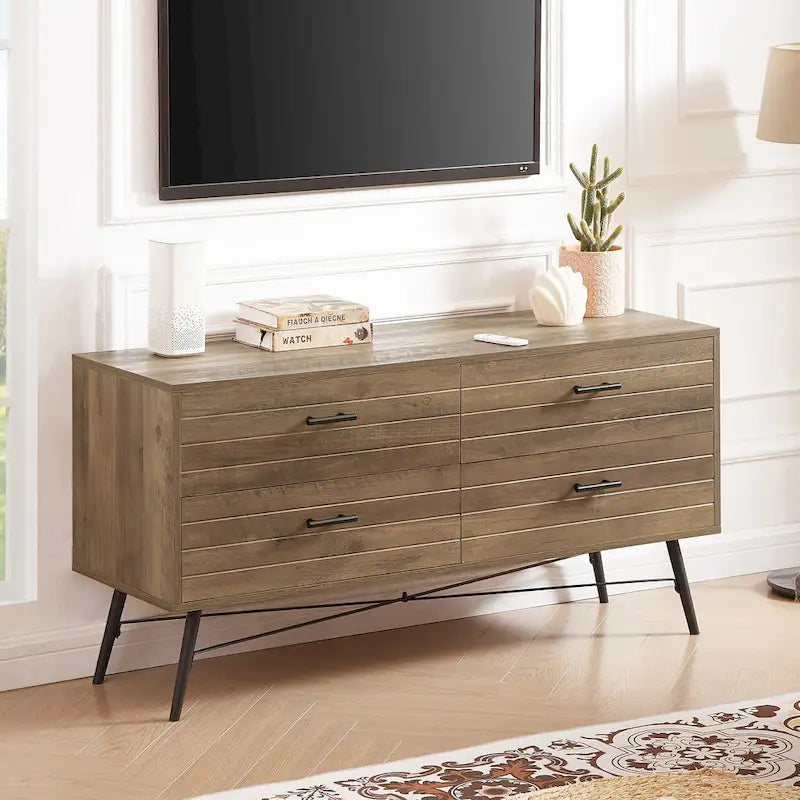 47-Inch 4-Drawer Horizontal Dresser with X-Frame Metal Legs, Walnut Brown