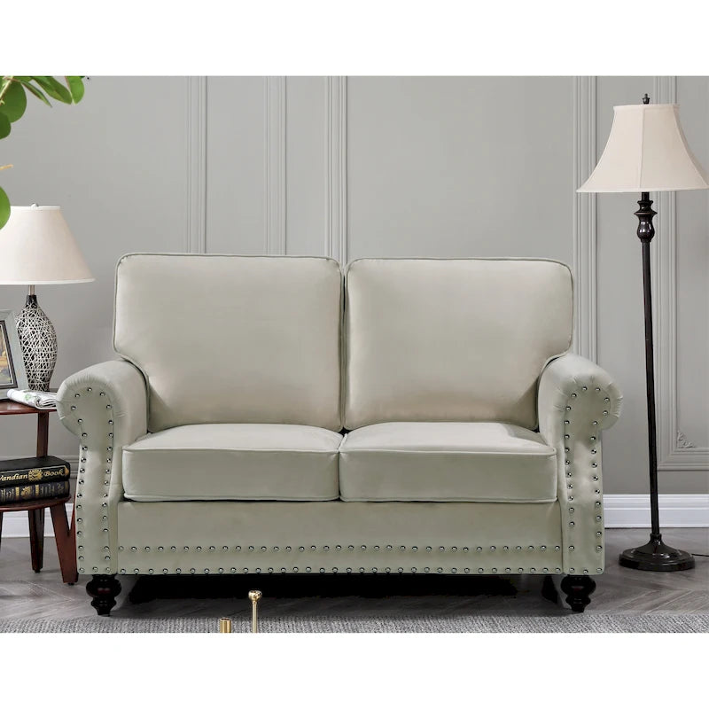 Velvet Nailhead Trim Loveseat Sofa with Solid Wood Legs, Multiple Colors