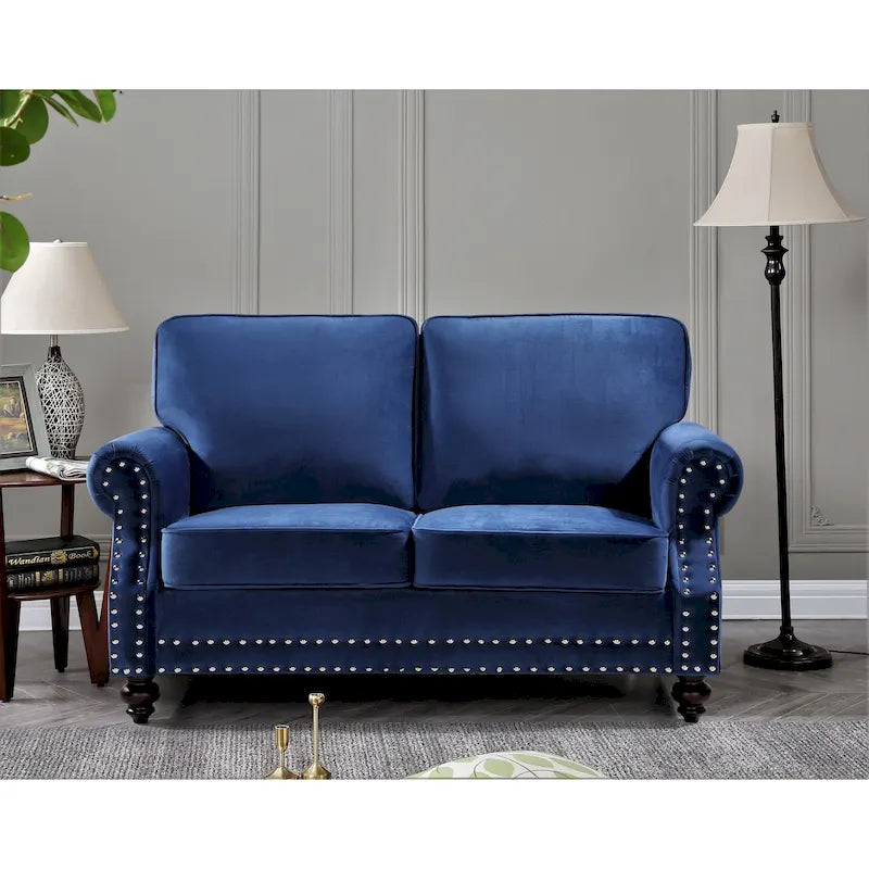 Velvet Nailhead Trim Loveseat Sofa with Solid Wood Legs, Multiple Colors