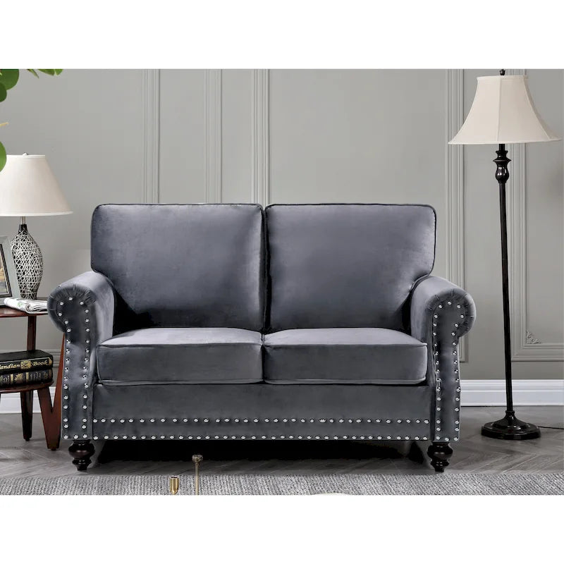 Velvet Nailhead Trim Loveseat Sofa with Solid Wood Legs, Multiple Colors