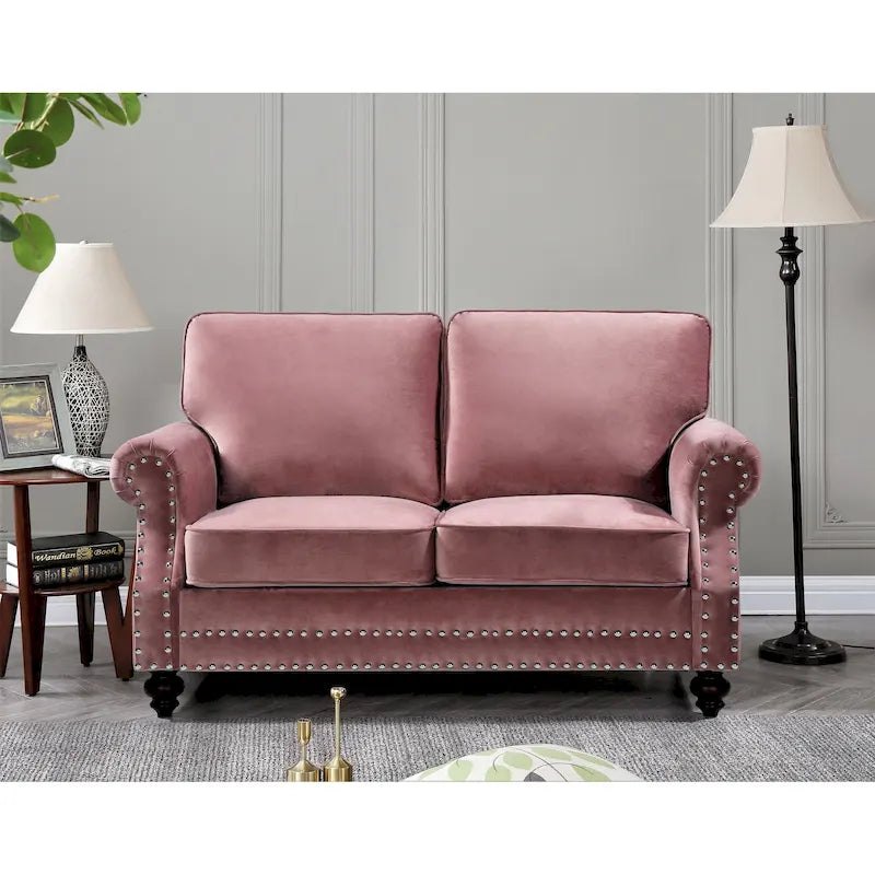 Velvet Nailhead Trim Loveseat Sofa with Solid Wood Legs, Multiple Colors