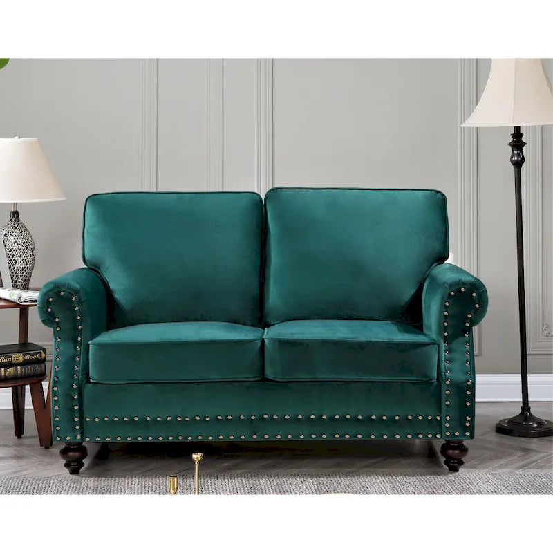 Velvet Nailhead Trim Loveseat Sofa with Solid Wood Legs, Multiple Colors