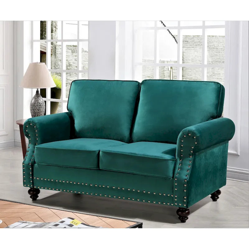 Velvet Nailhead Trim Loveseat Sofa with Solid Wood Legs, Multiple Colors
