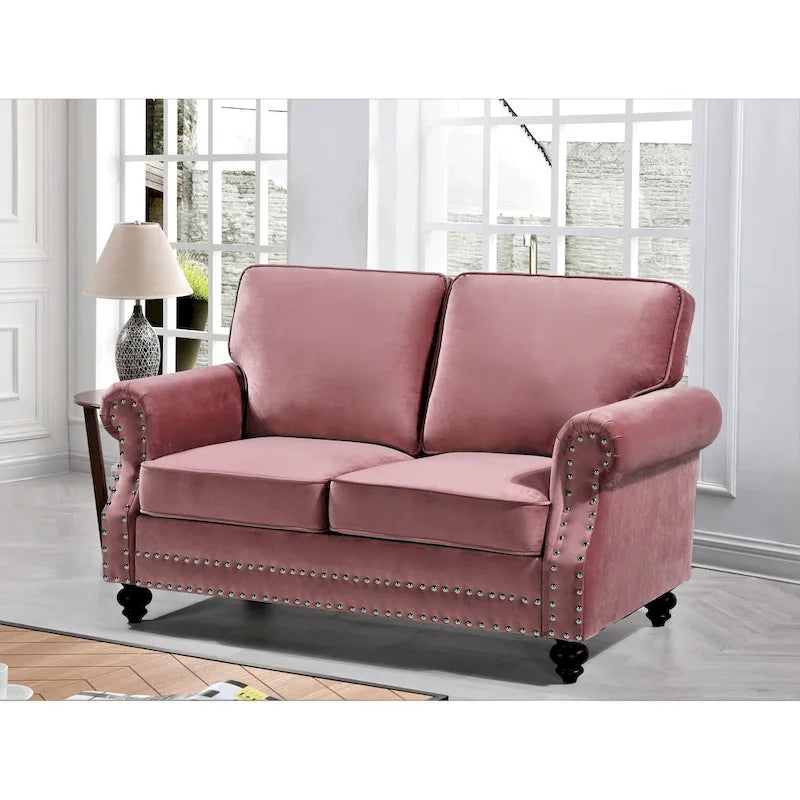 Velvet Nailhead Trim Loveseat Sofa with Solid Wood Legs, Multiple Colors