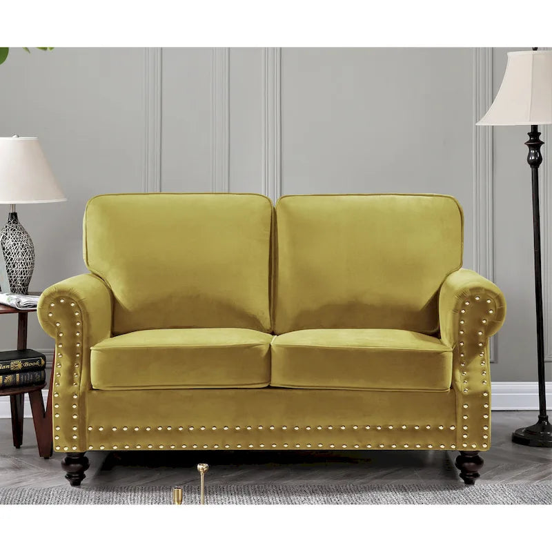 Velvet Nailhead Trim Loveseat Sofa with Solid Wood Legs, Multiple Colors