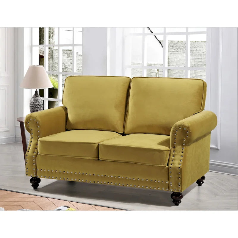 Velvet Nailhead Trim Loveseat Sofa with Solid Wood Legs, Multiple Colors