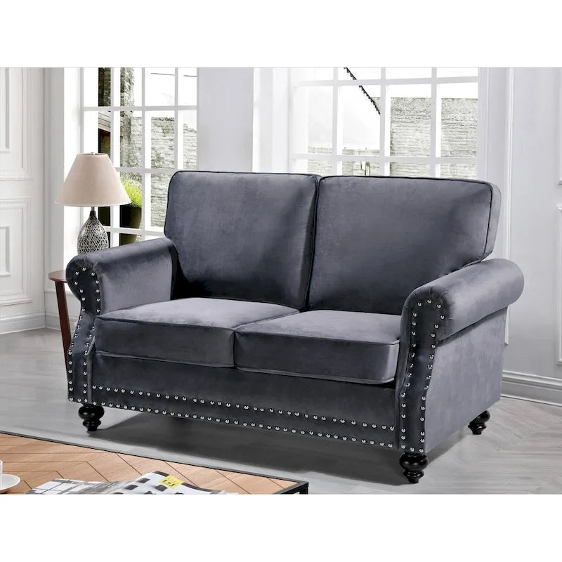 Velvet Nailhead Trim Loveseat Sofa with Solid Wood Legs, Multiple Colors