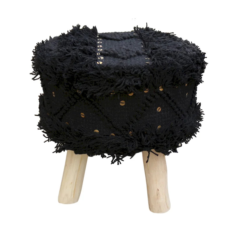 Handcrafted Boho Wool Cotton Tufted Stool with Eucalyptus Wood Legs, Black Ivory Taupe