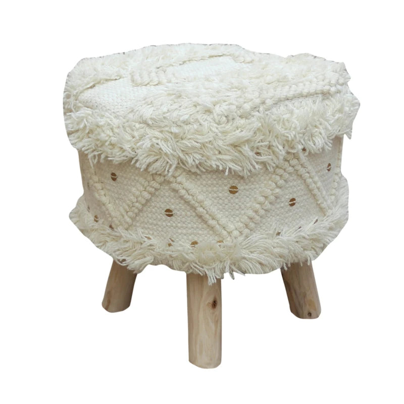 Handcrafted Boho Wool Cotton Tufted Stool with Eucalyptus Wood Legs, Black Ivory Taupe