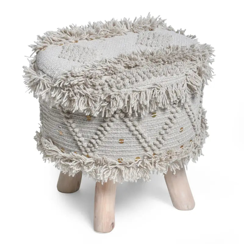 Handcrafted Boho Wool Cotton Tufted Stool with Eucalyptus Wood Legs, Black Ivory Taupe