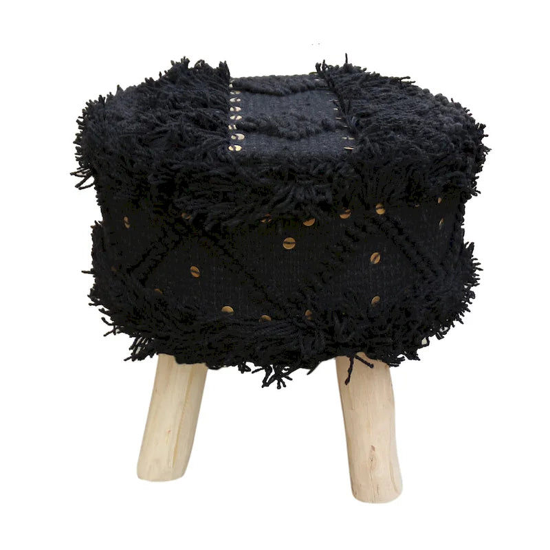 Handcrafted Boho Wool Cotton Tufted Stool with Eucalyptus Wood Legs, Black Ivory Taupe