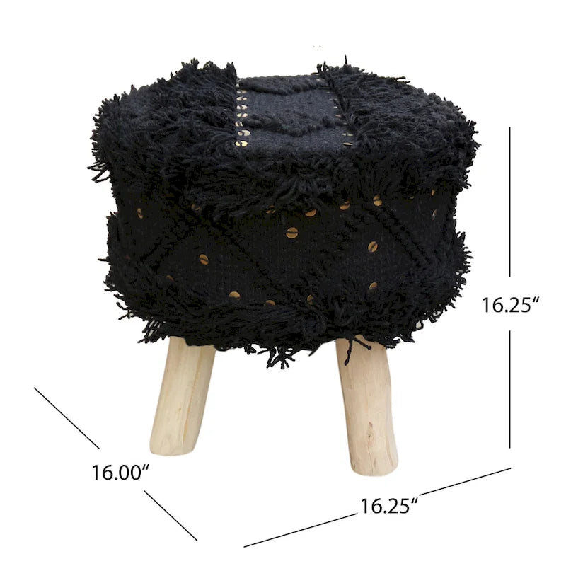 Handcrafted Boho Wool Cotton Tufted Stool with Eucalyptus Wood Legs, Black Ivory Taupe