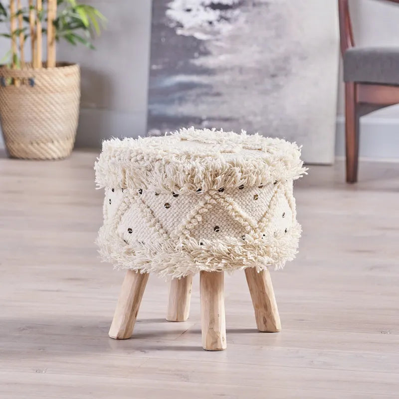 Handcrafted Boho Wool Cotton Tufted Stool with Eucalyptus Wood Legs, Black Ivory Taupe