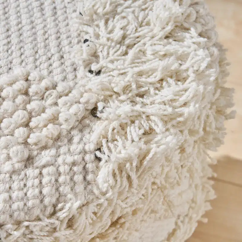 Handcrafted Boho Wool Cotton Tufted Stool with Eucalyptus Wood Legs, Black Ivory Taupe
