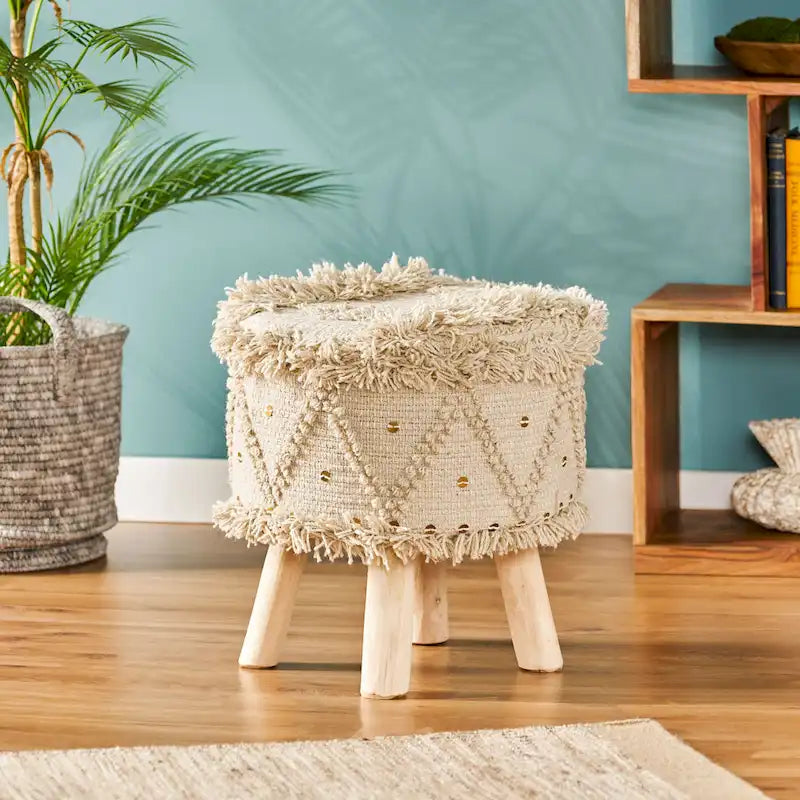 Handcrafted Boho Wool Cotton Tufted Stool with Eucalyptus Wood Legs, Black Ivory Taupe