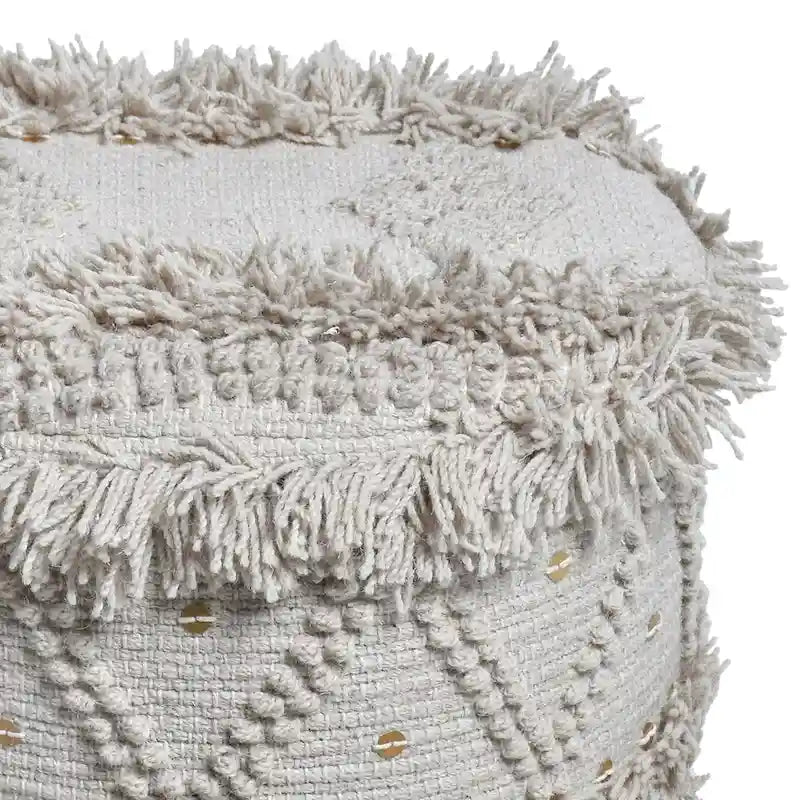 Handcrafted Boho Wool Cotton Tufted Stool with Eucalyptus Wood Legs, Black Ivory Taupe