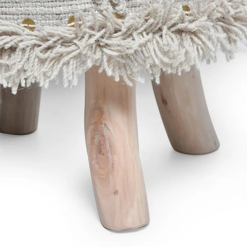 Handcrafted Boho Wool Cotton Tufted Stool with Eucalyptus Wood Legs, Black Ivory Taupe