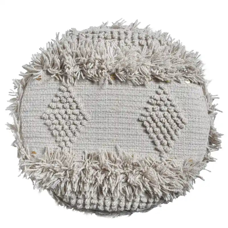Handcrafted Boho Wool Cotton Tufted Stool with Eucalyptus Wood Legs, Black Ivory Taupe