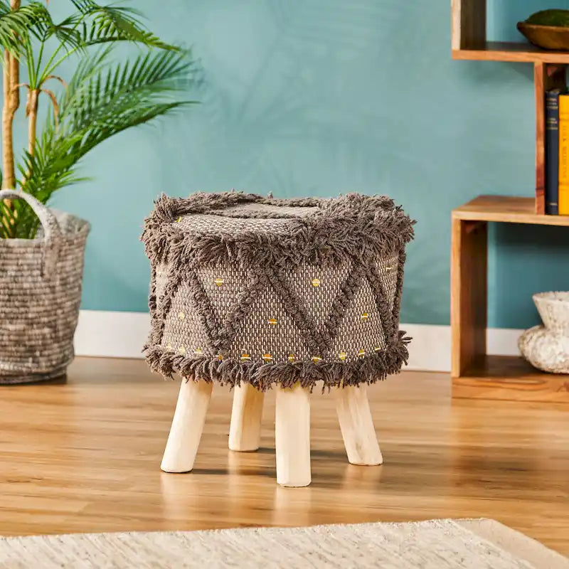 Handcrafted Boho Wool Cotton Tufted Stool with Eucalyptus Wood Legs, Black Ivory Taupe