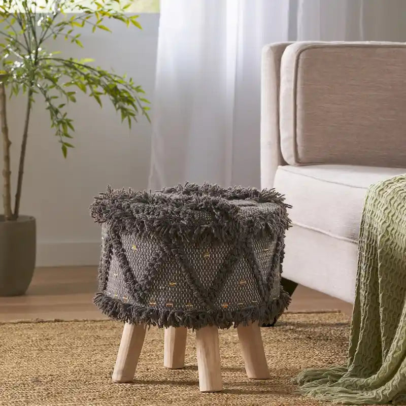 Handcrafted Boho Wool Cotton Tufted Stool with Eucalyptus Wood Legs, Black Ivory Taupe