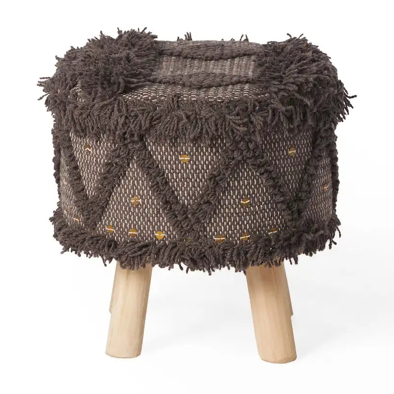 Handcrafted Boho Wool Cotton Tufted Stool with Eucalyptus Wood Legs, Black Ivory Taupe