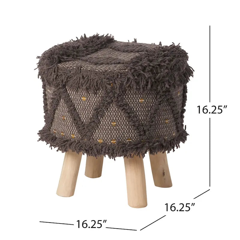Handcrafted Boho Wool Cotton Tufted Stool with Eucalyptus Wood Legs, Black Ivory Taupe