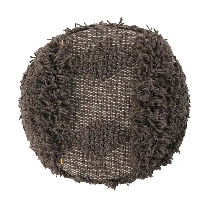 Handcrafted Boho Wool Cotton Tufted Stool with Eucalyptus Wood Legs, Black Ivory Taupe