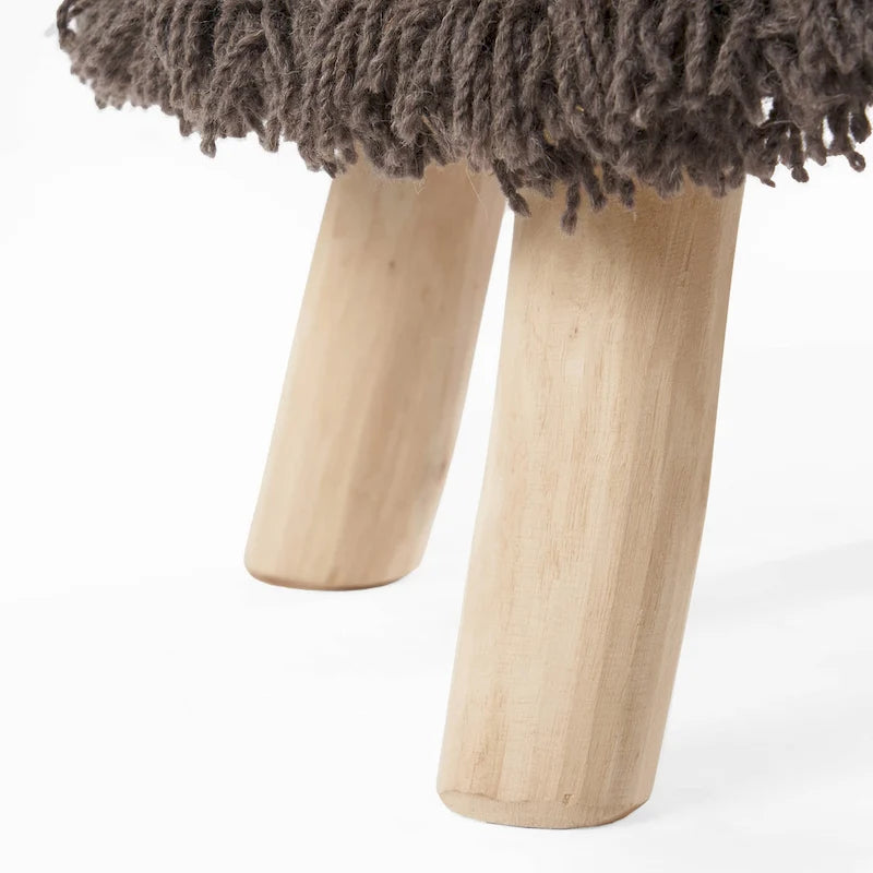 Handcrafted Boho Wool Cotton Tufted Stool with Eucalyptus Wood Legs, Black Ivory Taupe