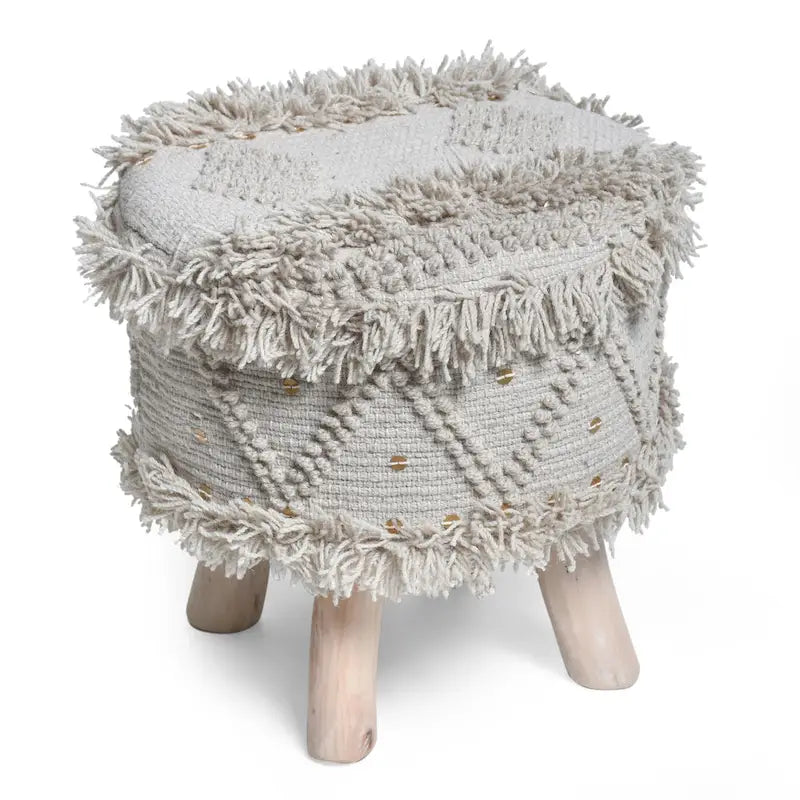 Handcrafted Boho Wool Cotton Tufted Stool with Eucalyptus Wood Legs, Black Ivory Taupe