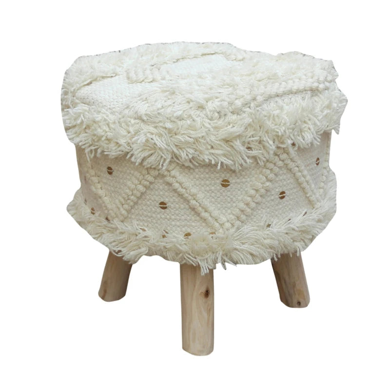 Handcrafted Boho Wool Cotton Tufted Stool with Eucalyptus Wood Legs, Black Ivory Taupe