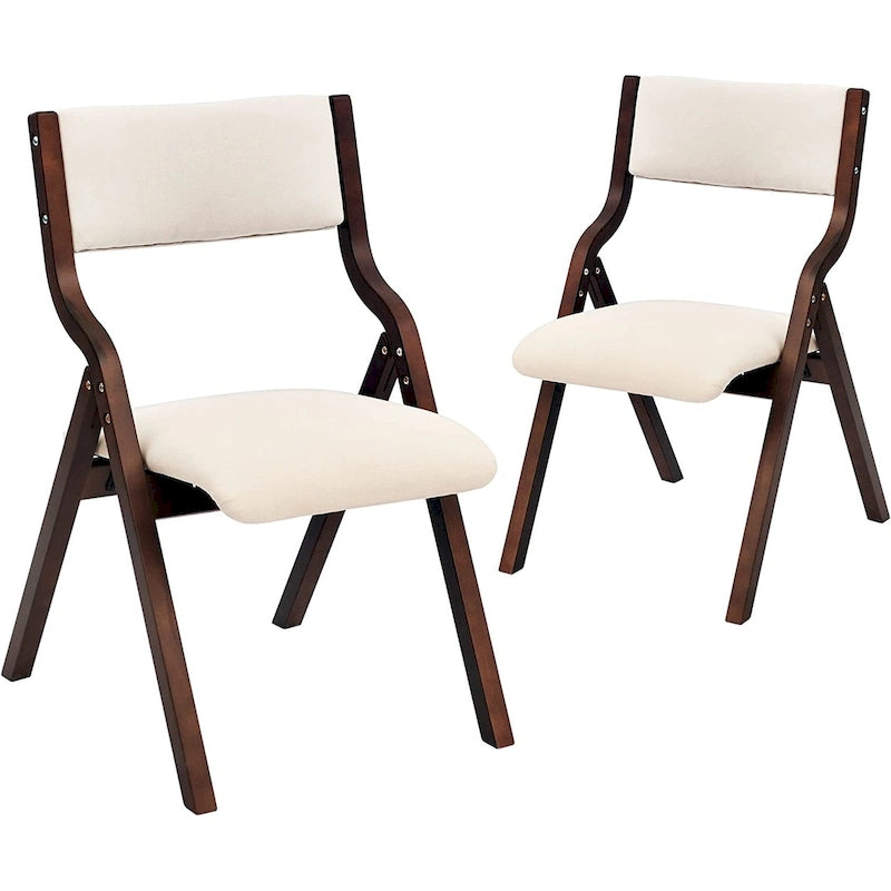 Upholstered Folding Dining Chairs with Rubber Wood Frame, Set of 2, Beige
