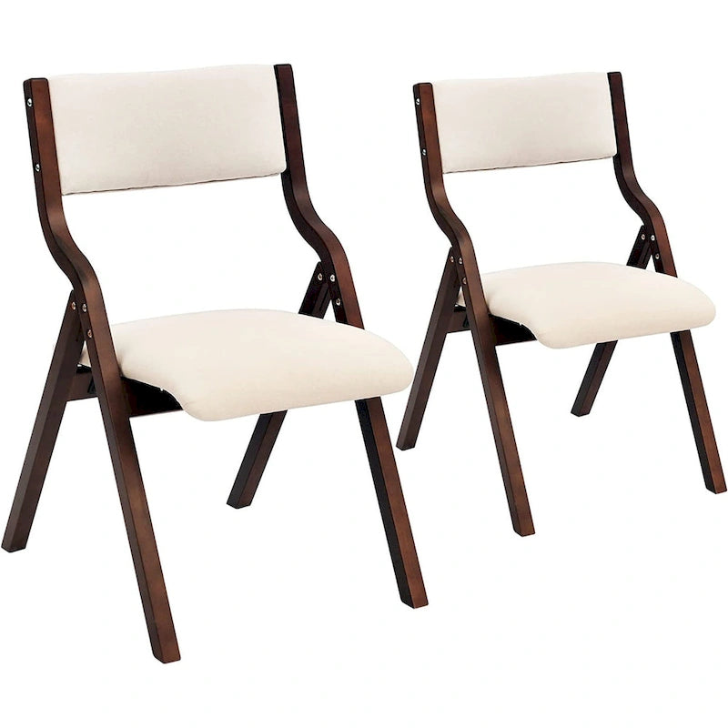 Upholstered Folding Dining Chairs with Rubber Wood Frame, Set of 2, Beige