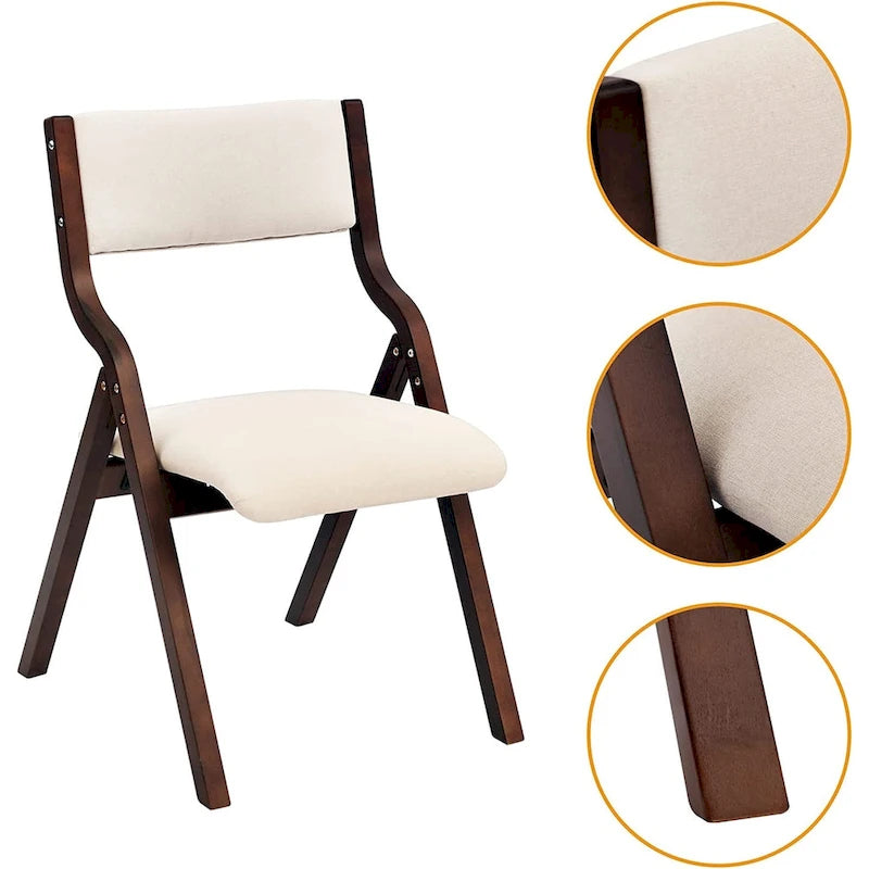 Upholstered Folding Dining Chairs with Rubber Wood Frame, Set of 2, Beige