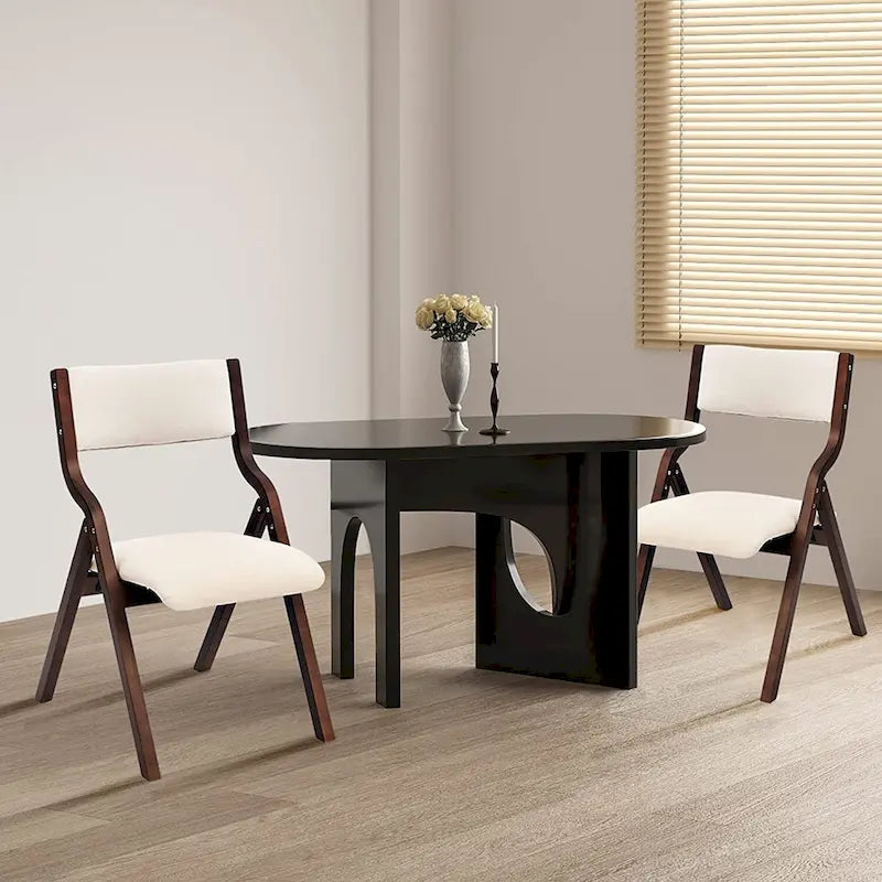 Upholstered Folding Dining Chairs with Rubber Wood Frame, Set of 2, Beige