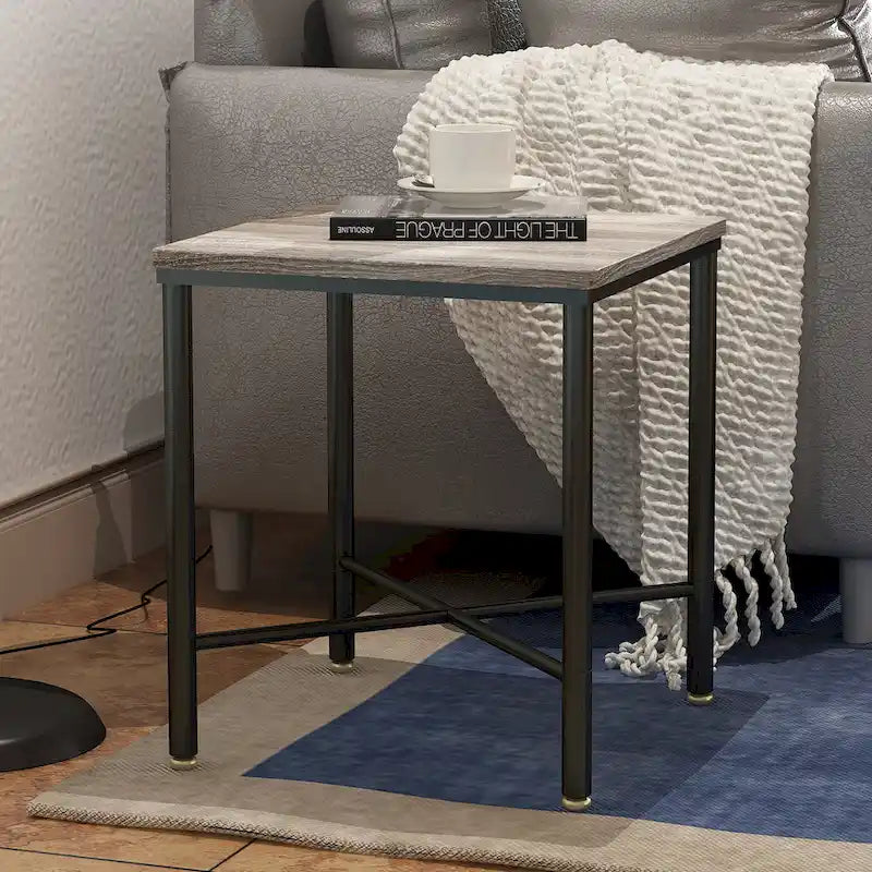 19-Inch Square Wood Top Side Table with Black Metal X-Frame Base, Gray