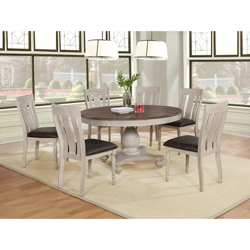 Round Pedestal Dining Table with Distressed Weathered Oak and White Finish