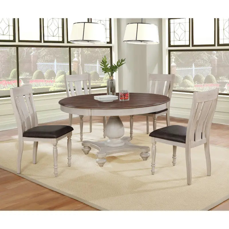Round Pedestal Dining Table with Distressed Weathered Oak and White Finish