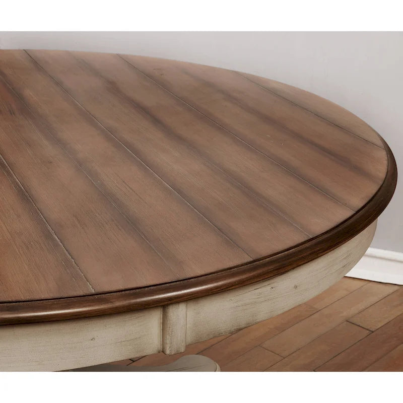 Round Pedestal Dining Table with Distressed Weathered Oak and White Finish