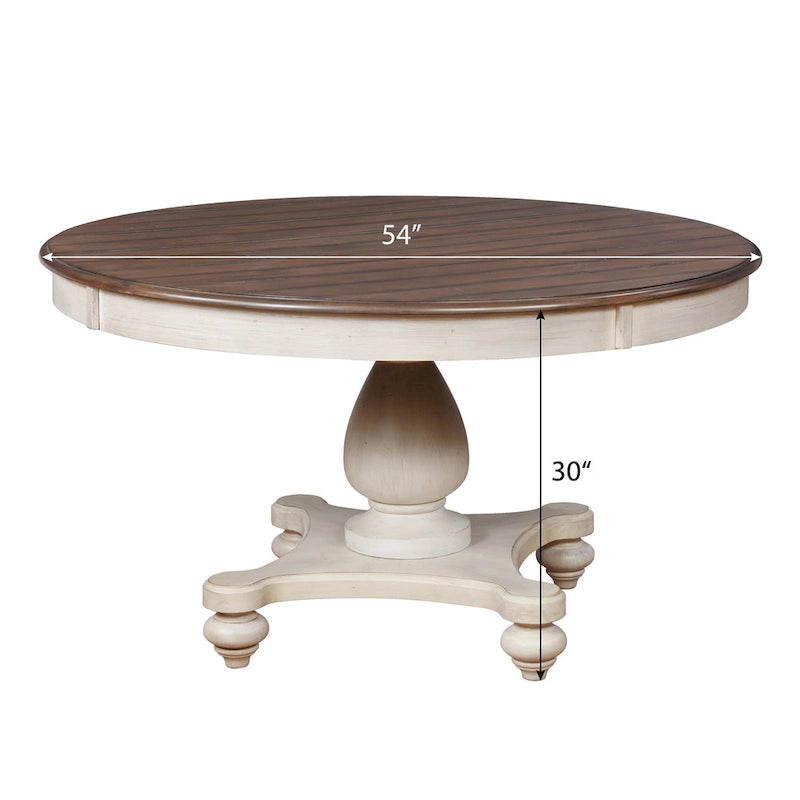 Round Pedestal Dining Table with Distressed Weathered Oak and White Finish
