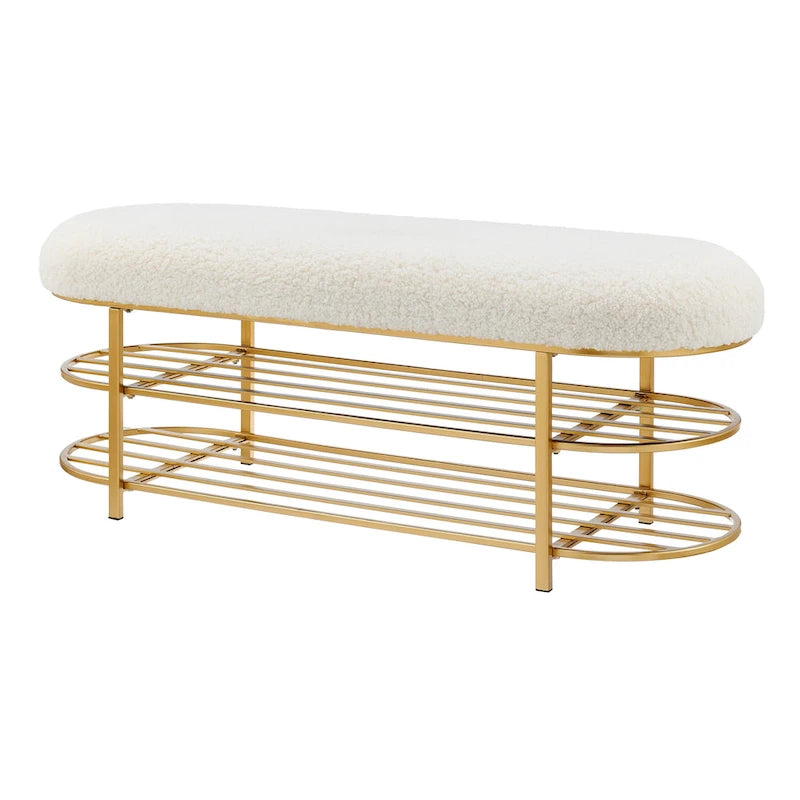Faux Shearling Oval Bench with 2-Tier Storage Shelves and Gold Frame, Beige