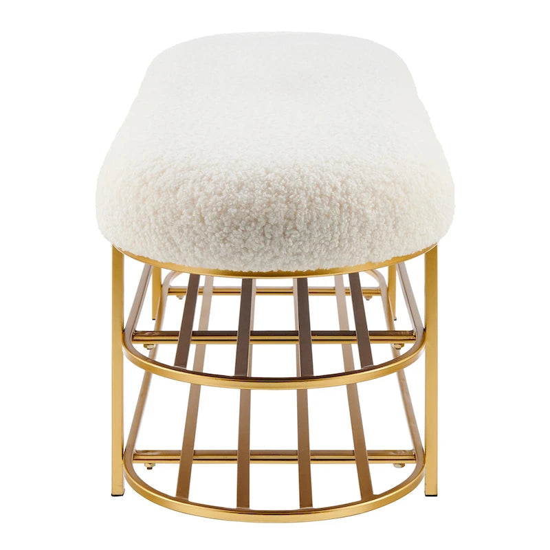 Faux Shearling Oval Bench with 2-Tier Storage Shelves and Gold Frame, Beige