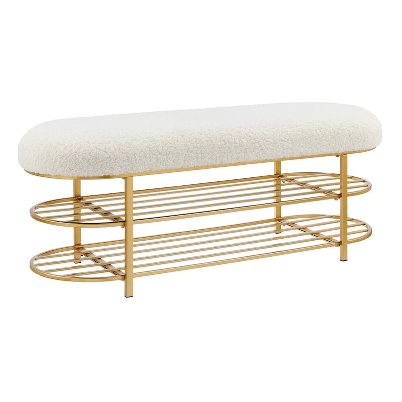 Faux Shearling Oval Bench with 2-Tier Storage Shelves and Gold Frame, Beige