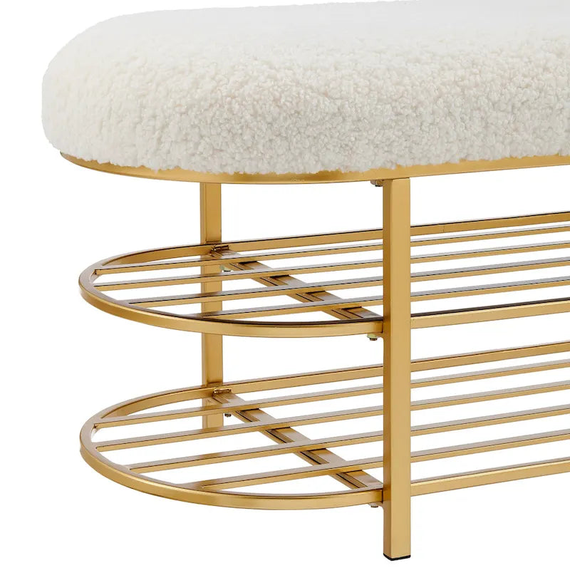 Faux Shearling Oval Bench with 2-Tier Storage Shelves and Gold Frame, Beige
