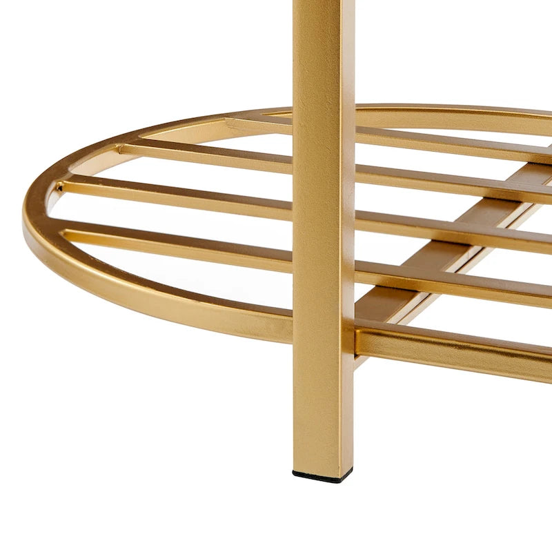 Faux Shearling Oval Bench with 2-Tier Storage Shelves and Gold Frame, Beige